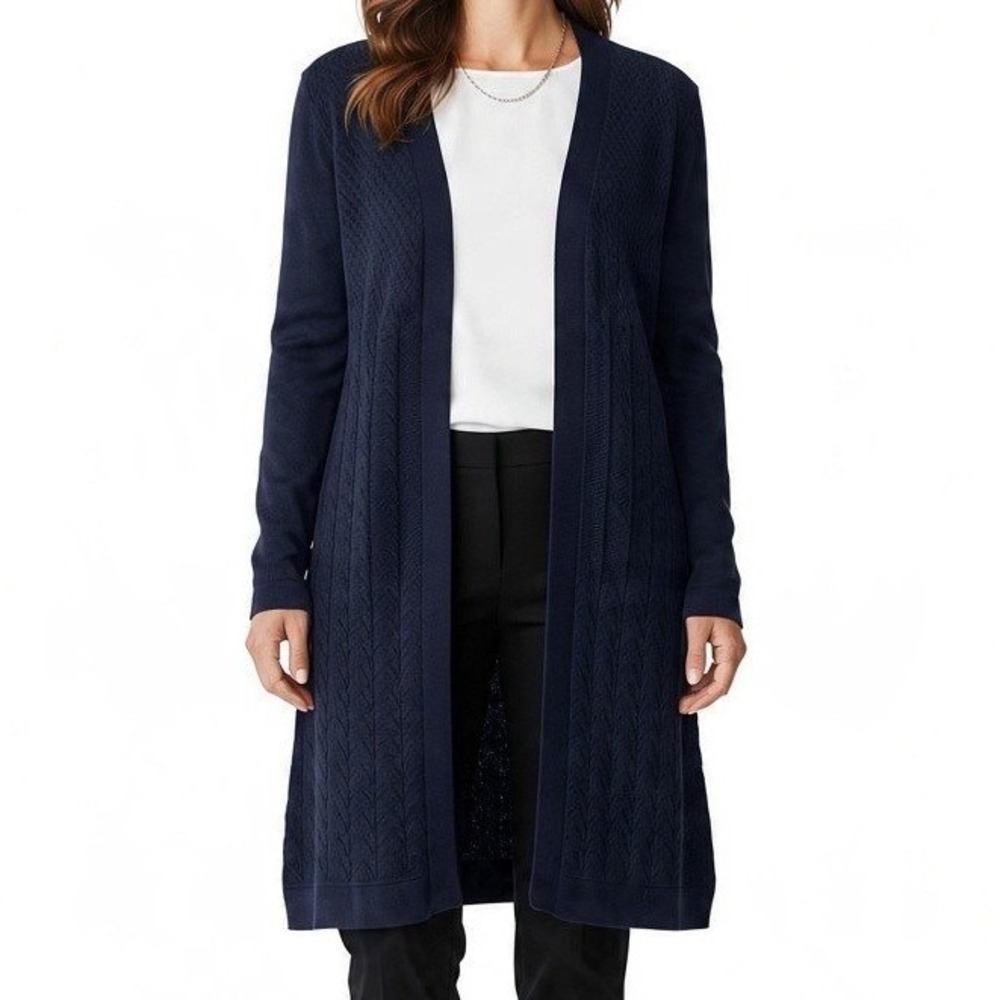 Karen Scott Pointelle Chevron Open Front Cardigan PM Black Knit Duster